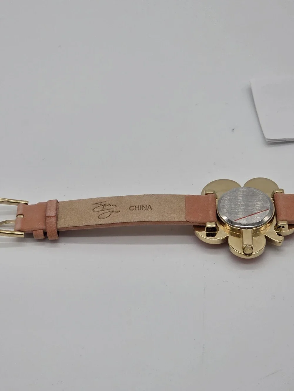 Suzanne Somers Flower Watch Pink Leather Strap Gold Tone Rhinestone Women's
